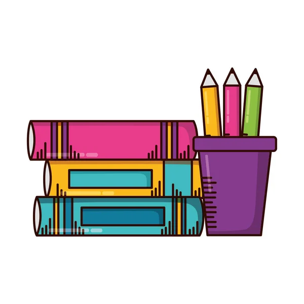 Livres crayons de couleur fournitures scolaires — Image vectorielle