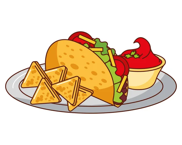 Taco nachos e molho de tomate comida mexicana tradicional —  Vetores de Stock