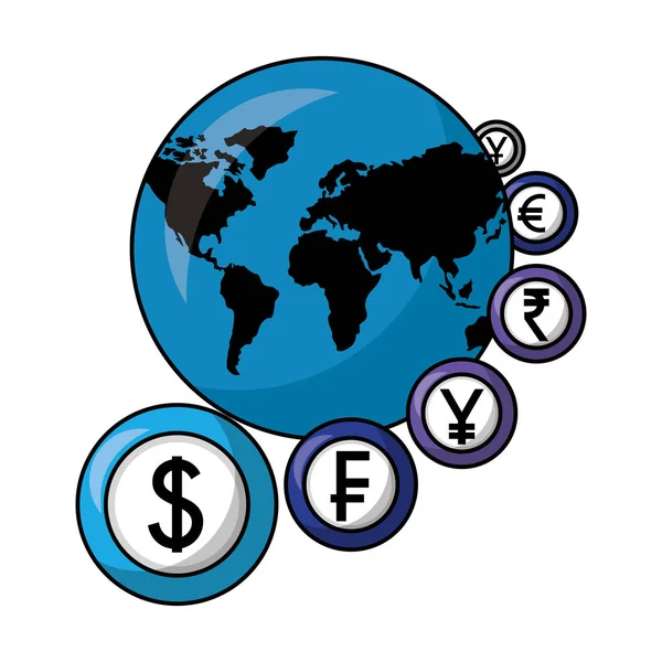 Svět s mincemi měny kolem obchodu — Stockový vektor
