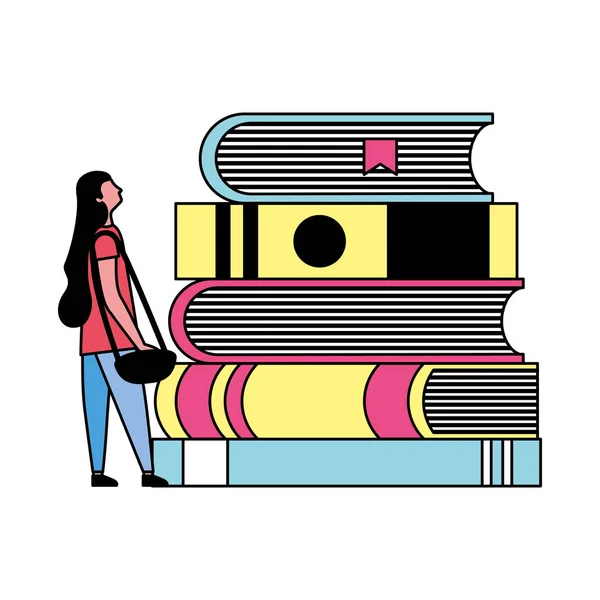 Öğrenci kadın ve yığın kitaplar — Stok Vektör