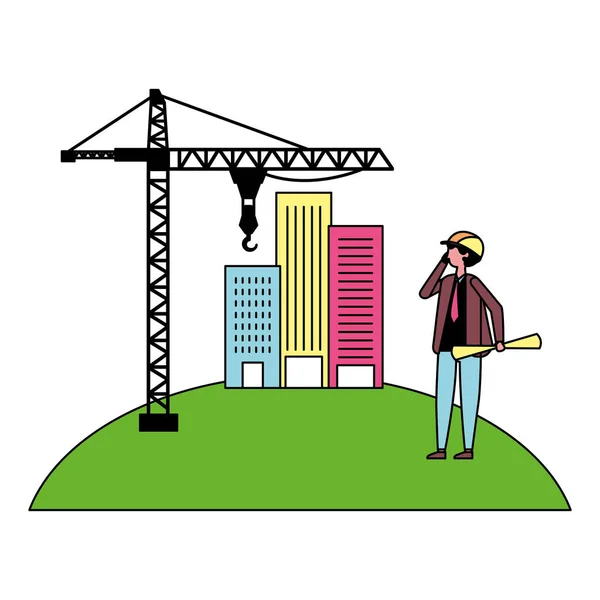 Architect man with construction crane and buildings — Stock Vector