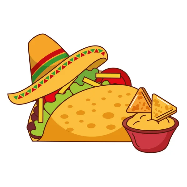 Taco nachos ve şapka meksika gıda geleneksel — Stok Vektör