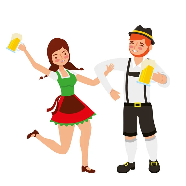Homem e mulher bávaros com copos de cerveja — Vetor de Stock