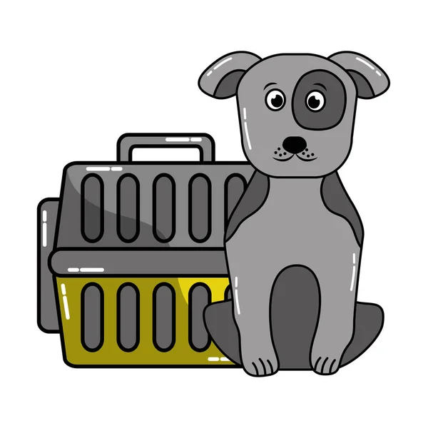 Lindo perro mascota con caja de transporte — Vector de stock