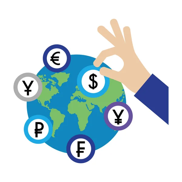 Mão com dólar moeda euro iene franco e rublo mundo — Vetor de Stock
