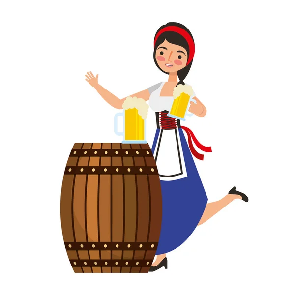 Bavarian mulher segurando cerveja com barril — Vetor de Stock
