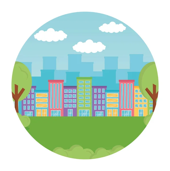 Landscape city buildings trees grass round label — Stock Vector