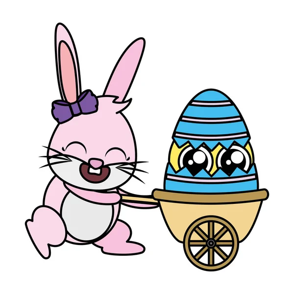 Piękny królik z pisklę w taczki Wielkanoc charakter — Wektor stockowy