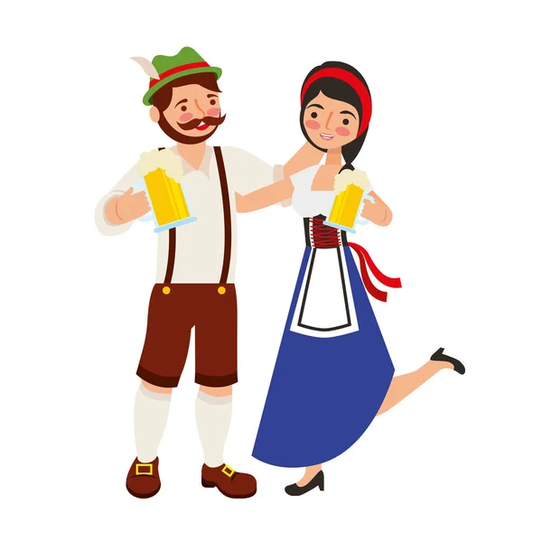 Bavarian hombre y mujer con cervezas frías — Vector de stock