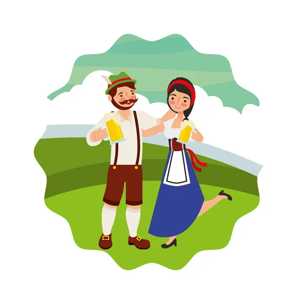 Bavyera erkek ve kadın bira manzara ile — Stok Vektör
