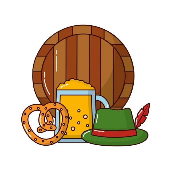 Barril de madeira com jarra de cerveja e ícones — Vetor de Stock
