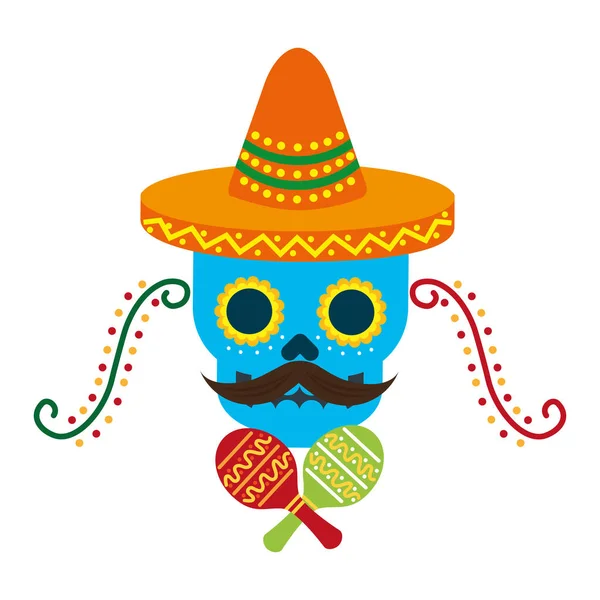 Crânio mexicano com chapéu maracas decoração — Vetor de Stock