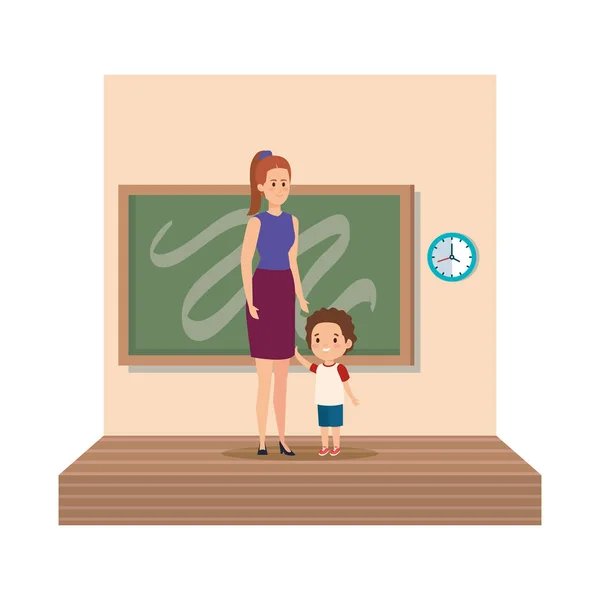 Junge Lehrerin weiblich mit Schüler Klassenzimmer Szene — Stockvektor