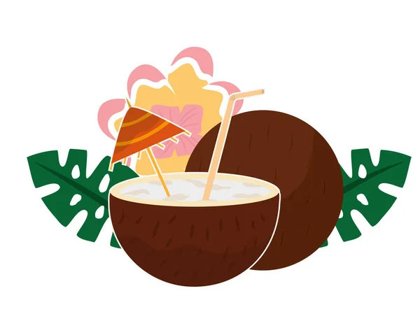 Coconut cocktail with umbrella flower tropical summer — Stock Vector