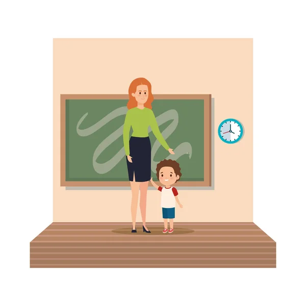 Young teacher female with schoolboy classroom scene — Stock Vector