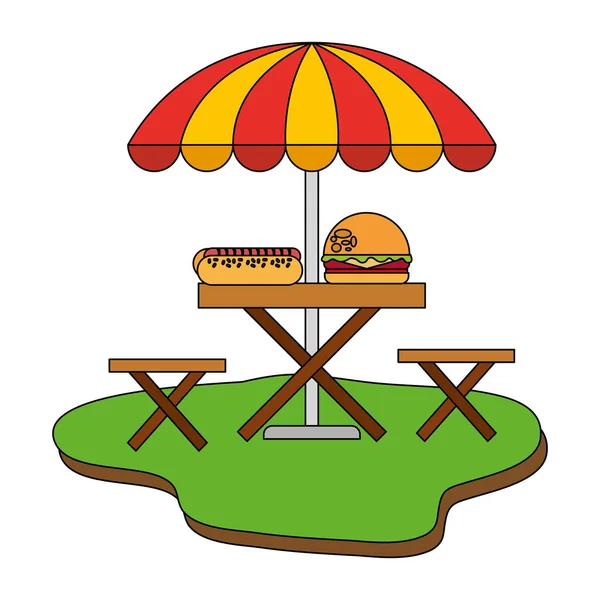 Tafel paraplu hamburger en Hot Dog Food picknick — Stockvector