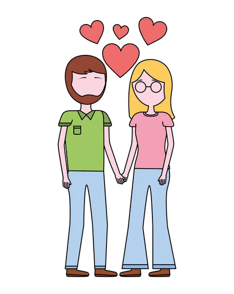 Joven pareja con corazones avatar carácter — Vector de stock