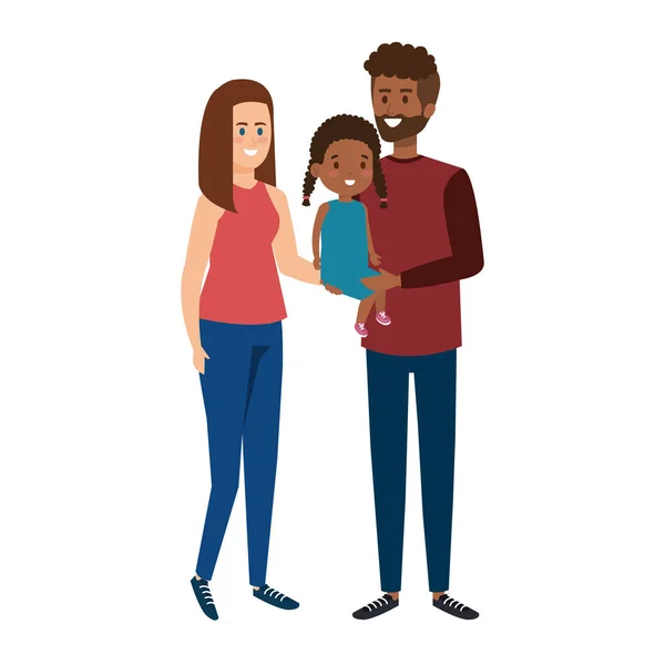 Interracial padres pareja con hija caracteres — Vector de stock