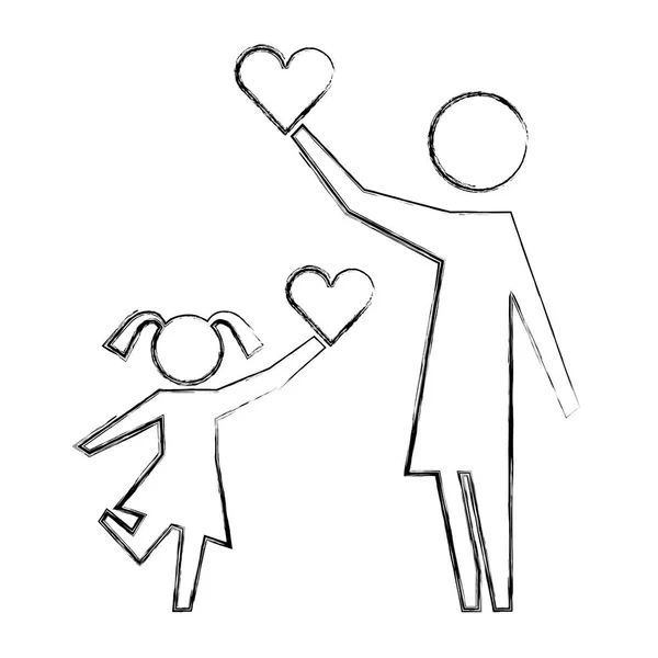 Mãe e filha segurando amor coração pictograma —  Vetores de Stock