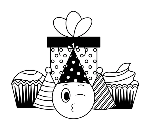 Emoji kawaii med presentkartong present och hattar Party — Stock vektor