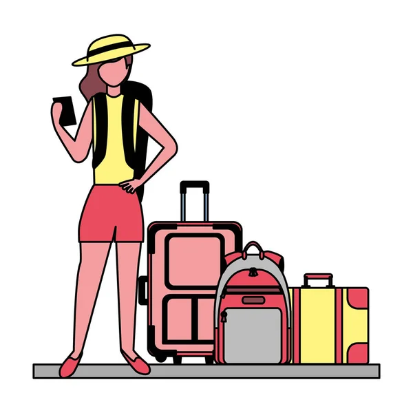 Viajero mujer y vacaciones equipaje — Vector de stock