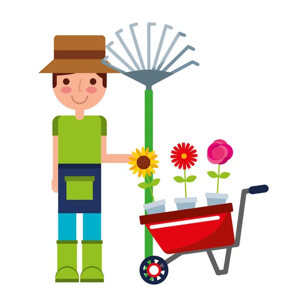 Jardinero chico con rastrillo y flores en carretilla — Vector de stock