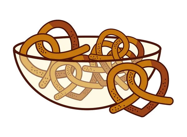 Tazón con muchos pretzels alimentos postre panadería — Vector de stock