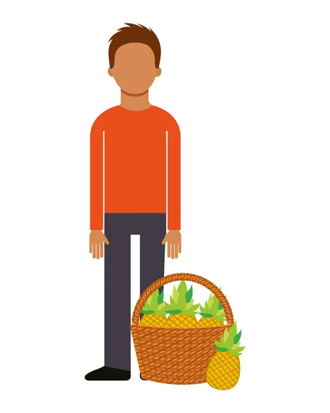 Человек с корзиной, наполненной ананасом — стоковый вектор
