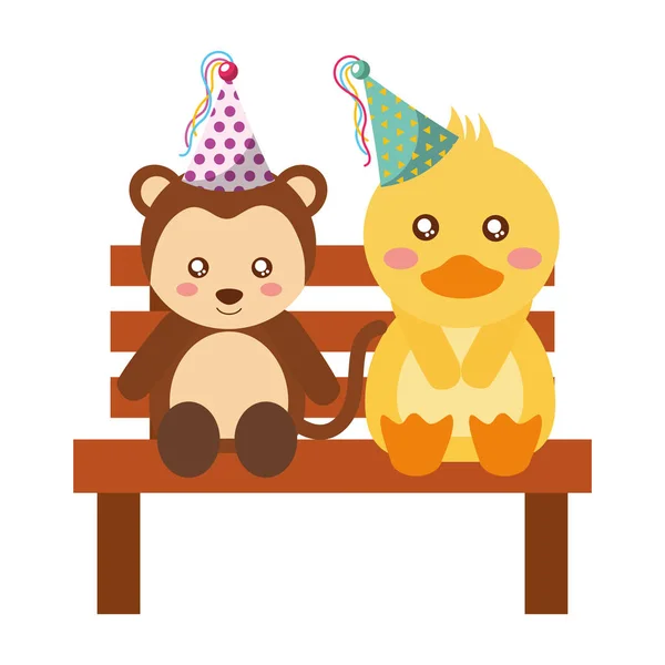 Cute monkey and duck on bench happy birthday — Stock Vector