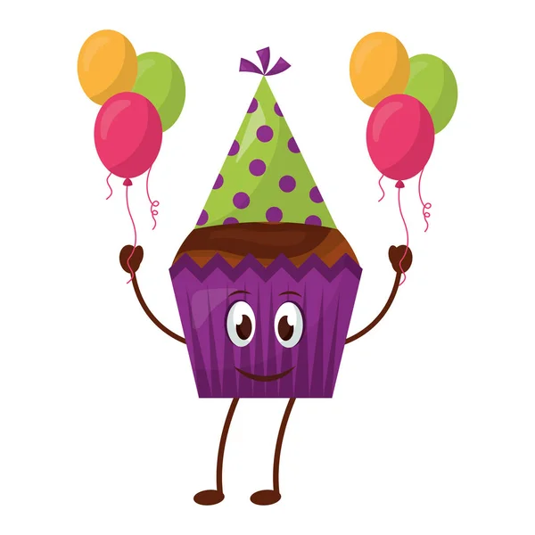 Kawaii bithday cupcake with party hat and balloons — Stock Vector