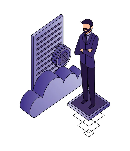Biznesmen z chmurą obliczeniową i zestawem ikon — Wektor stockowy