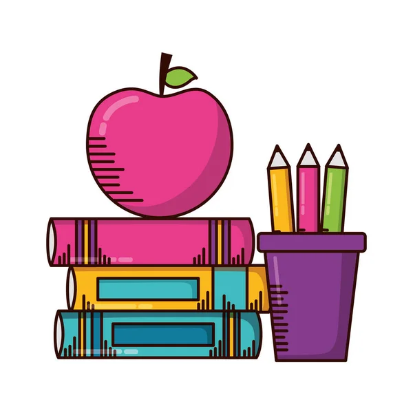 Livres pommiers crayons fournitures scolaires — Image vectorielle