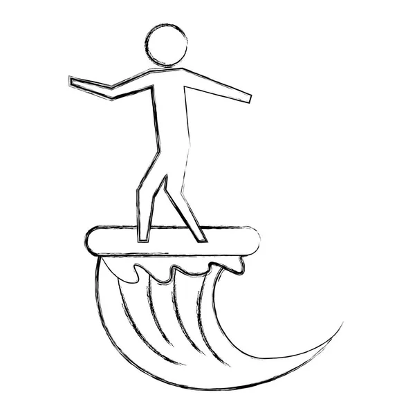 Hombre de pie sobre tabla de surf pictograma ola de montar — Vector de stock