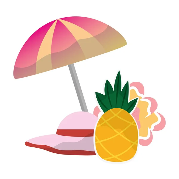 Kapelusz parasol i kwiat ananasów tropikalne lato — Wektor stockowy