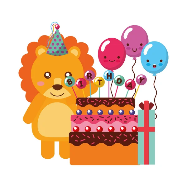 Verjaardag Leeuw cake en ballonnen gift — Stockvector