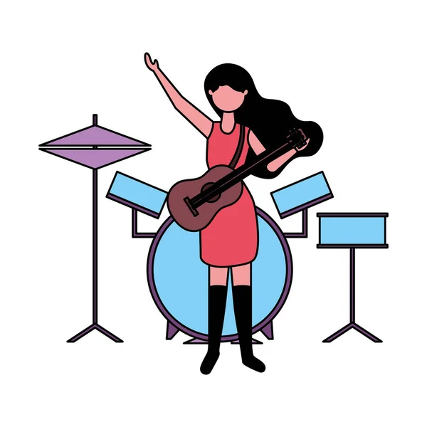 Музична жінка з гітарою та барабанами — стоковий вектор