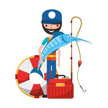 kılıç balığı lifebuoy ve kutu tutan balıkçı