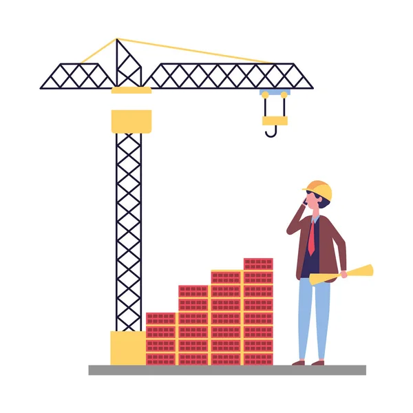 Architect with blueprints brick wall crane — Stock Vector