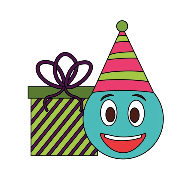 Emoji-Kawaii mit Hutparty und Geschenk-Box — Stockvektor
