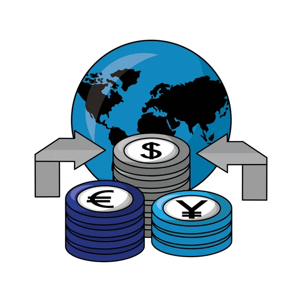 Dollar euro et yen affaires avec la planète — Image vectorielle