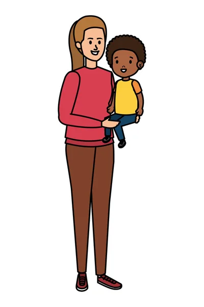 Jovem mãe com afro filho personagens — Vetor de Stock