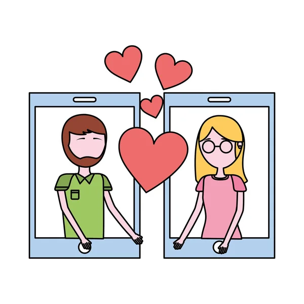 Casal em smartphone com corações ícone isolado — Vetor de Stock