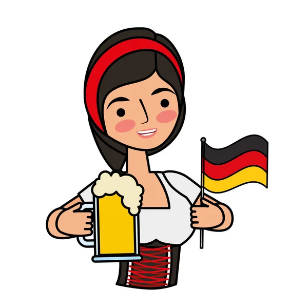 Bavarian woman holding beer and germany flag — Stock Vector
