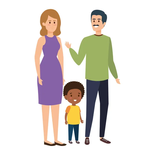 Interracial parents couple with son characters — Stock Vector