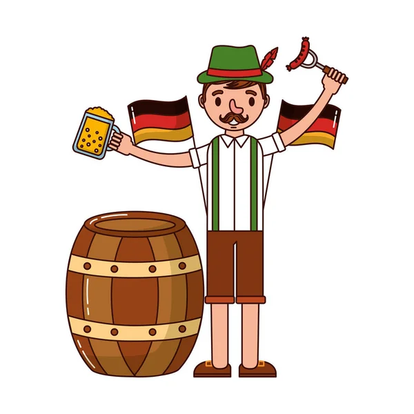Uomo tedesco con birre e salsiccia — Vettoriale Stock