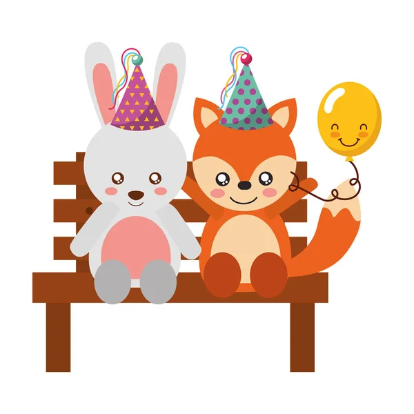 Cute fox and rabbit on bench happy birthday — Stock Vector