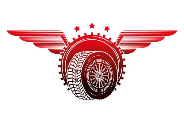 Industria automotriz rueda coche engranaje alas emblema — Vector de stock