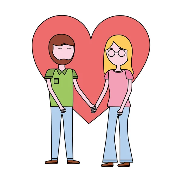 Young couple holding hands in the love heart — Stock Vector