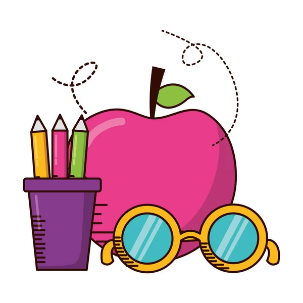 Μήλα μολύβια γυαλιά σχολείο εφόδια — Διανυσματικό Αρχείο