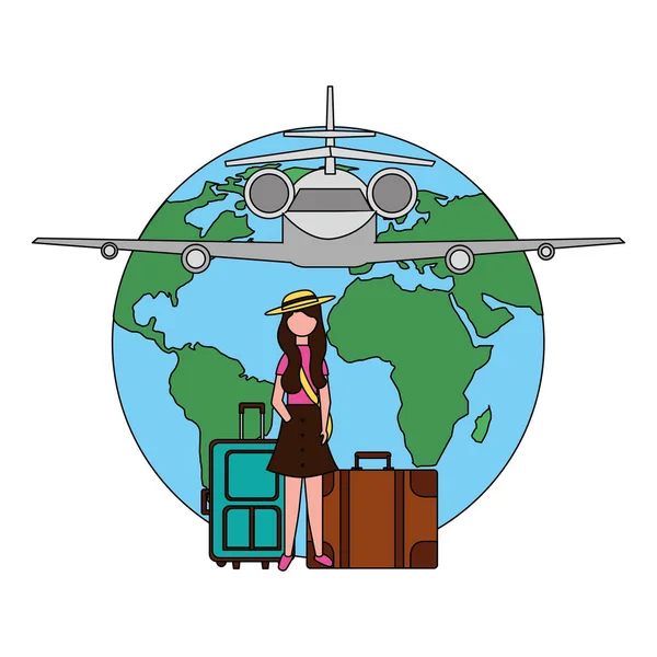 スーツケース世界飛行機を持つ旅行者の女性 — ストックベクタ